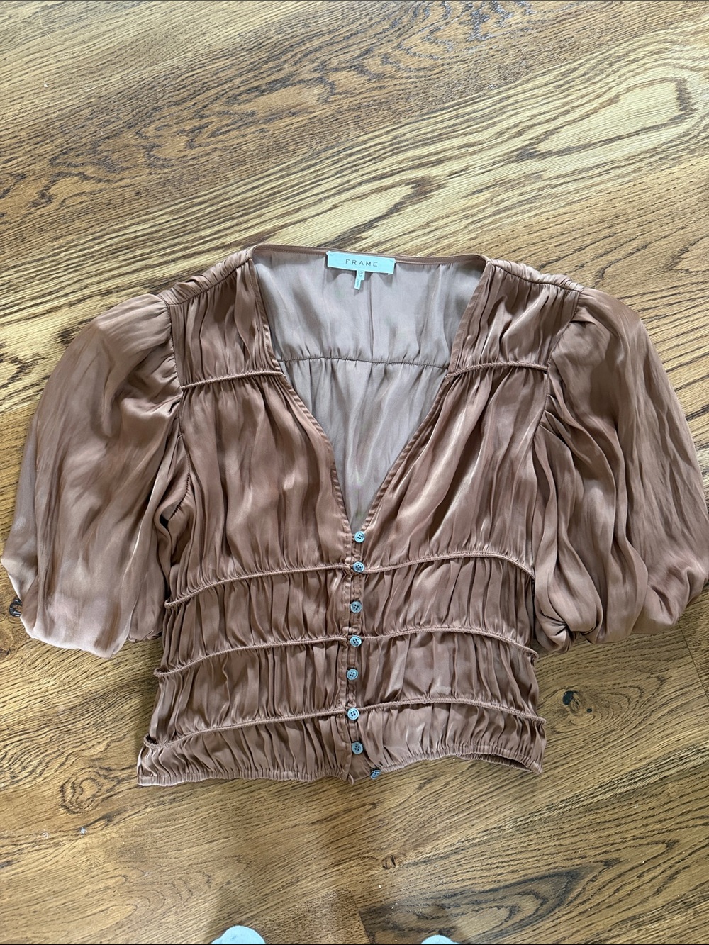 Frame Denim Copper-Tone Silk Buttoned Ruched Blouse